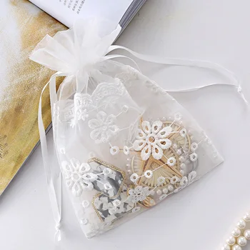 Белое кружево, органза, креативный карман на шнурке, сумка для упаковки свадебных конфет, сумка для ювелирных изделий и хранения, сумки из тюлевой ткани