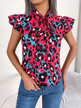 Летняя шифоновая блузка с леопардовым принтом, женская мода, воротник-бант, короткий рукав, Повседневные топы больших размеров, Элегантные офисные женские рубашки