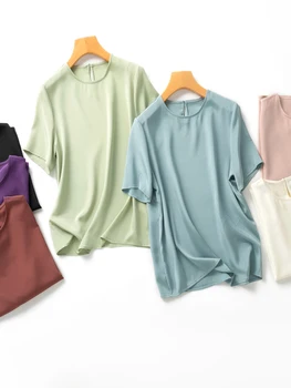 Женская летняя многоцветная футболка из 93% натурального шелка, повседневная блузка с круглым вырезом и коротким рукавом, летние топы