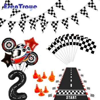 Баннер для гоночной тематической вечеринки, Черно-белый Клетчатый флаг с ручкой, украшение для дня рождения автомобиля Формулы-1 для мальчиков, Принадлежности для душа ребенка