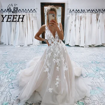 Свадебное платье с кружевными аппликациями YEEH, Элегантное иллюзионное свадебное платье с глубоким V-образным вырезом, открытой спиной и шлейфом Vestido De Noiva для невесты