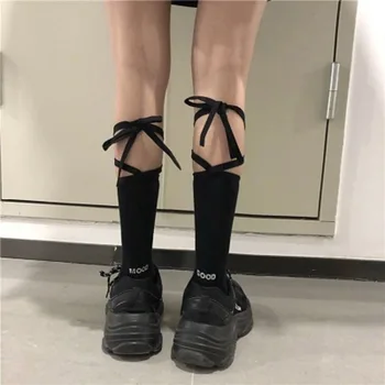 1 пара женских носков с бантиком, модные Японские носки Tide, черно-белые хлопчатобумажные носки с длинным веревочным ремешком, топ в стиле Лолиты, хороший принт на каблуке