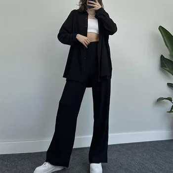 Женская одежда 2023, Летняя однотонная рубашка с длинными рукавами, куртка, широкие брюки, повседневный комплект из двух предметов