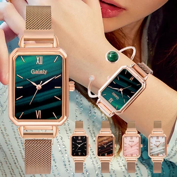 Женские часы Sdotter Rectangle, комплект из 2 предметов, браслет, наручные часы из розового золота, женские сетчатые Магнитные Роскошные Простые Стальные Женские часы
