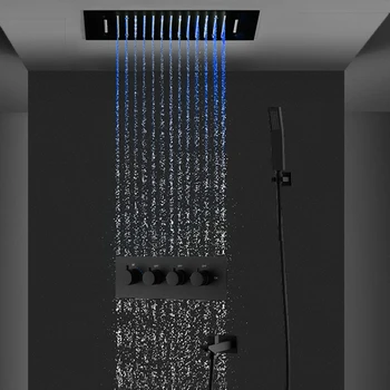 Скрытый потолочный светодиодный дождевой массажный водопад, термостатический душевой набор для ванной комнаты 360X500 мм, матовый черный