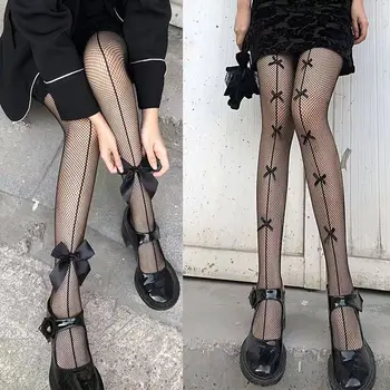 Высокоэластичные сексуальные женские чулки с рыболовной сеткой Kawaii Japanese Lolita JK, шелковые чулки для девочек с бантом, выдалбливают обтягивающие носки
