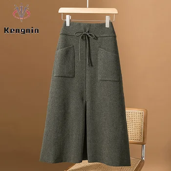 Женские трикотажные юбки с большими карманами на осень 2023 года, свободные женские юбки с эластичным поясом большого размера, женская юбочная одежда KE3667