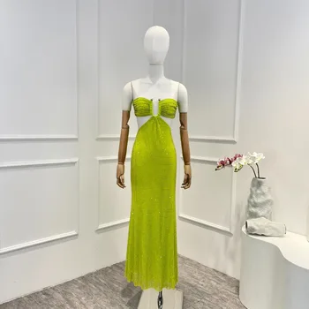 Бриллиантово-зеленый Винтажный Новый Летний Сексуальный вырез 2023, Роскошное женское платье Миди на бретелях без рукавов на шнуровке для вечеринки