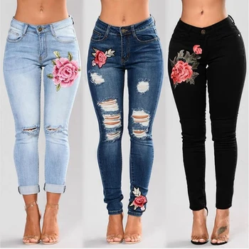 Стрейчевые джинсы с вышивкой Для женщин, эластичные джинсы в цветочек, женские узкие джинсовые брюки с дырочками, джинсы с рисунком розы, Pantalon Femme